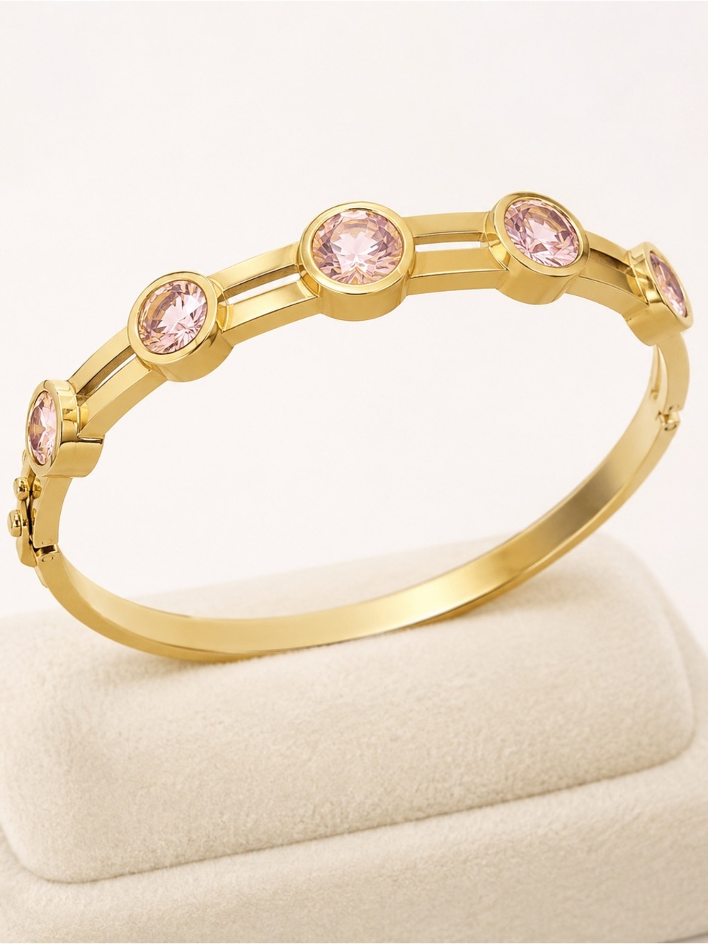 Gold Stainless Steel Waterproof Bangle Bracelet with Pink Triple A CZ